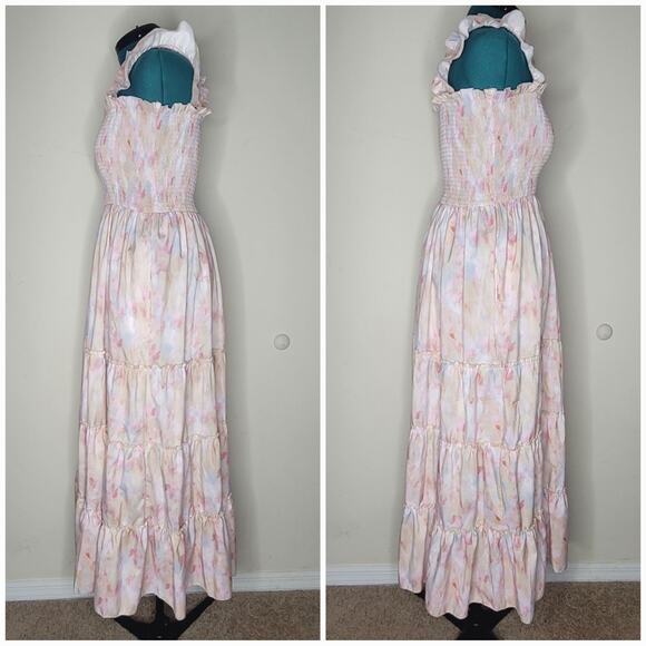 Melloday Sleeveless Pastel Watercolor Tiered Maxi Dress Spring Pockets Sz L NWOT - Picture 2 of 8
